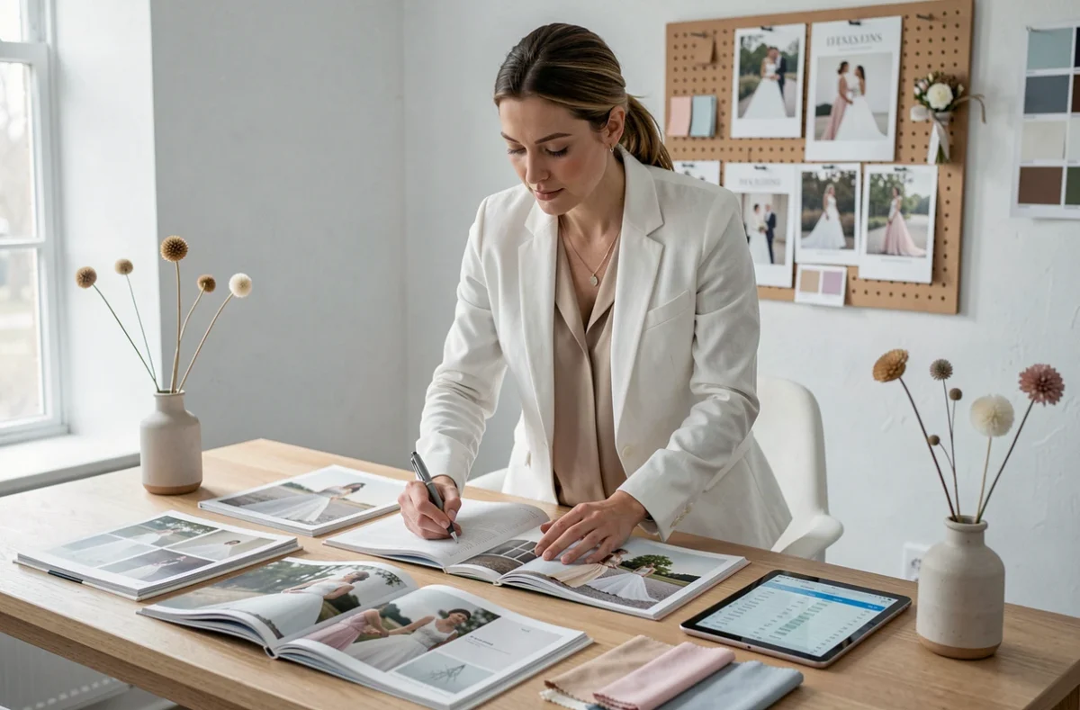 Wedding planner professionnelle annotant des tendances mariage sur un bureau minimaliste avec magazines et échantillons de tissu